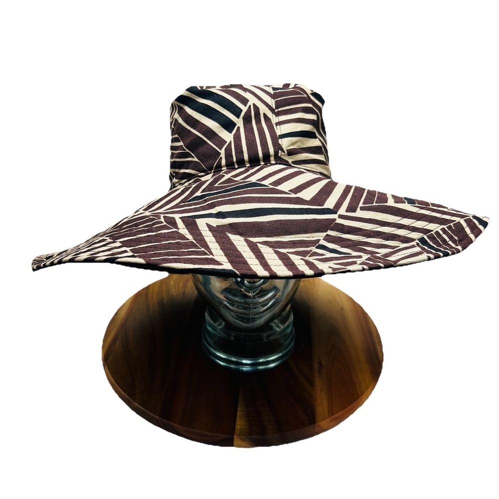 deLux Sun Hat Reversible Palm Leaf Geometric Brown Black Wide Brim Floppy Ethnic